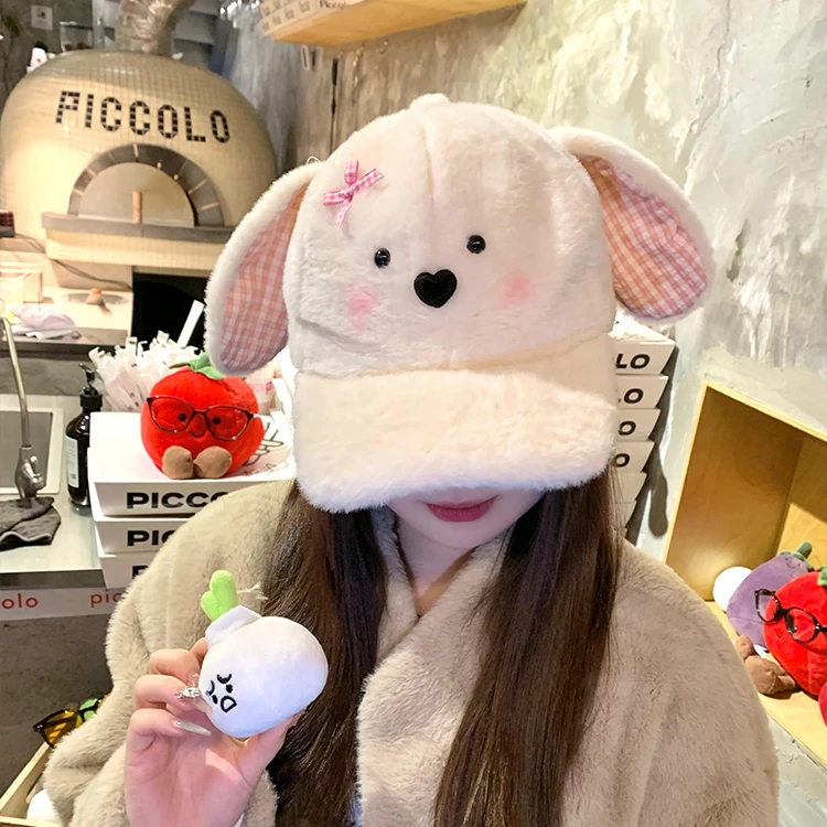 可爱兔耳朵毛绒棒球帽女秋冬季2025新款卡通帽子保暖显脸小鸭舌帽