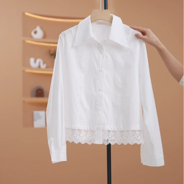 【荣荣】小众蕾丝拼接短款衬衫-Y14898