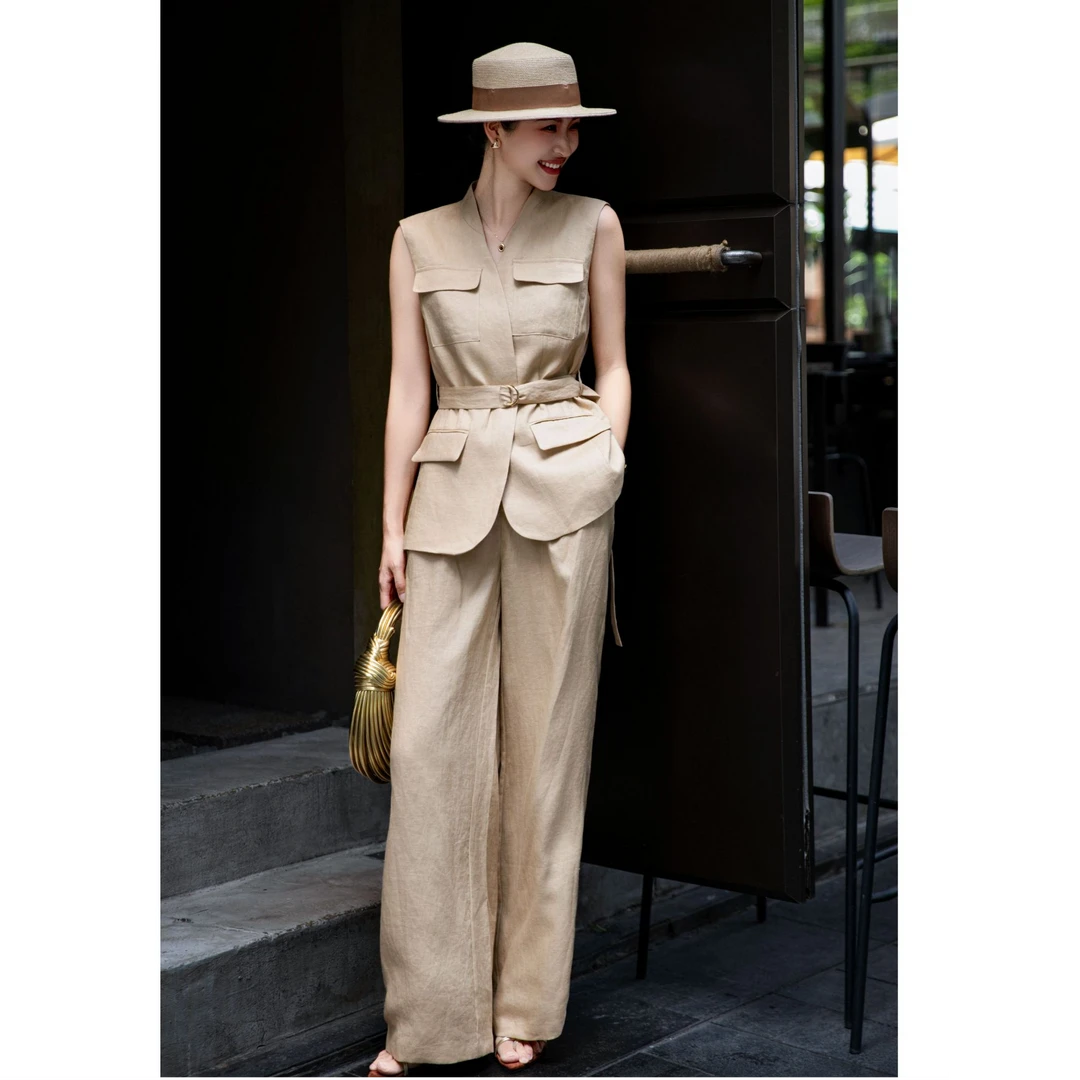 ZEROYK夏季时尚亚麻套装女高级感气质百搭显瘦马甲阔腿裤两件套