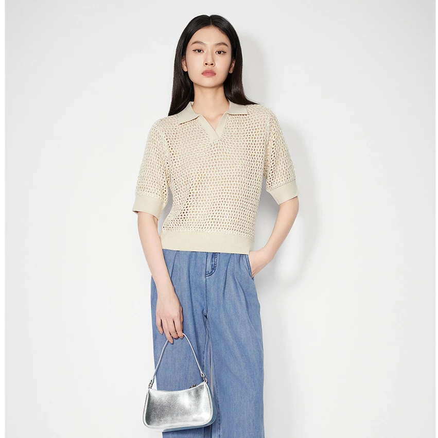 SALT.P可颜新款时尚休闲小众设计感珠片纱POLO领毛织衫AC35206050