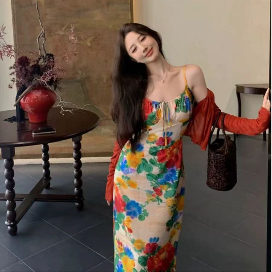 大码女装纯欲气质茶歇复古港风油画碎花连衣裙+外搭两件套6309
