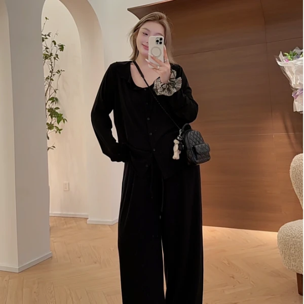 【瘦瘦】春秋大码单色木耳花边开衫上衣+抽绳直筒裤两件套装S01335