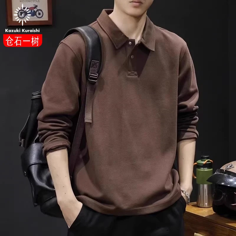 仓石一树潮流美式复古长袖POLO衫男2025新款秋季宽松翻领t恤上衣