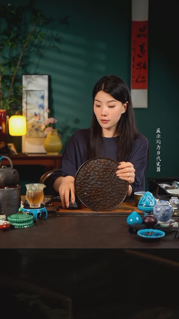 陶瓷周边大漆圆茶盘龙鳞纹有钉直径23