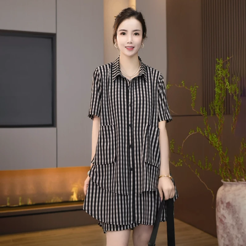 L-868小黑格夏季新款衬衫套装女短袖韩版宽松显瘦休闲套装