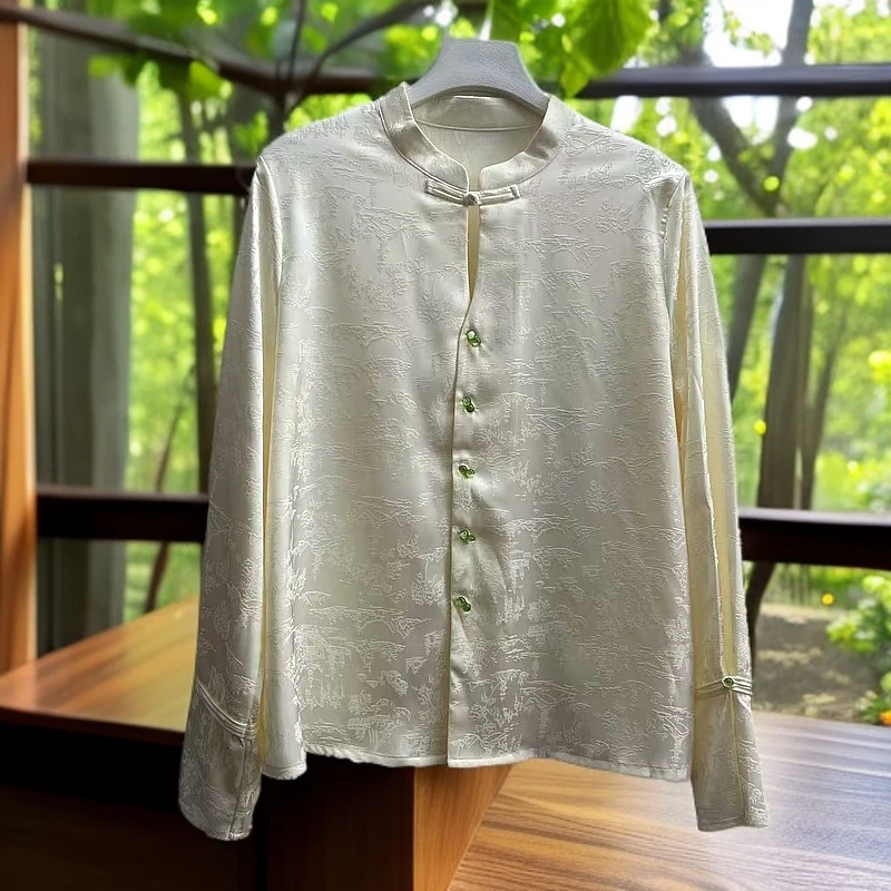 新款国风中式气质单排扣长袖女士衬衫复古立领盘扣百搭上衣女851