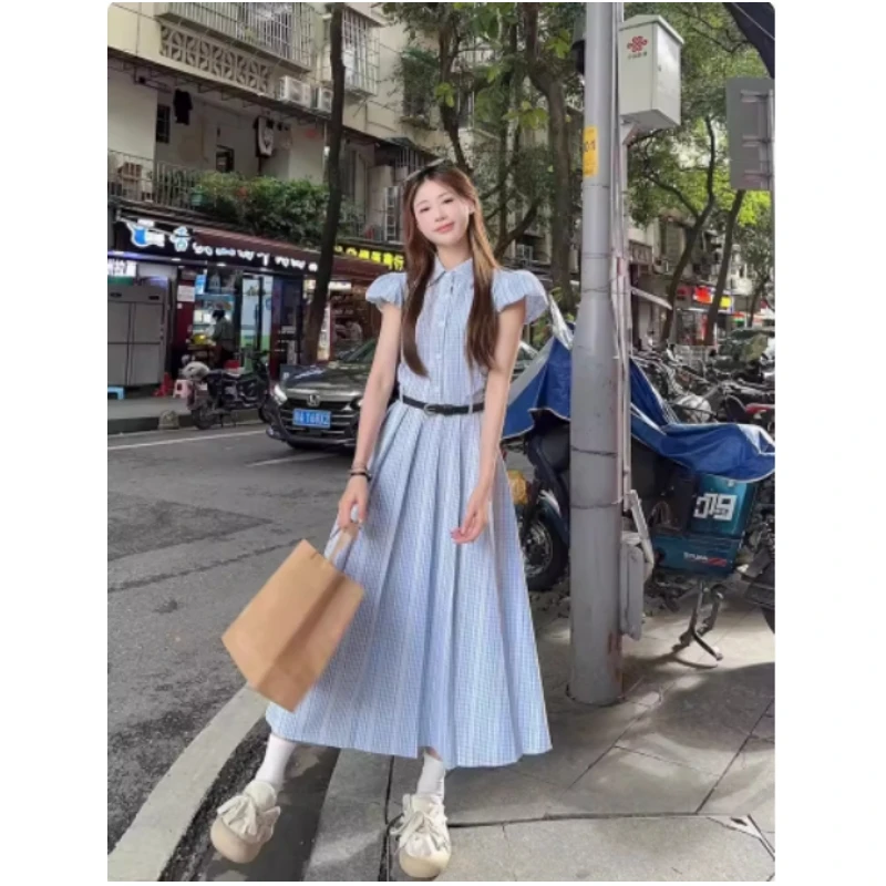 韩系条纹泡泡袖连衣裙女夏季新款气质设计感收腰显瘦百褶长裙chic