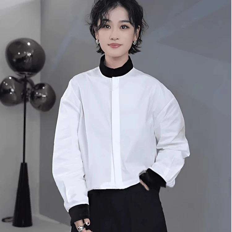 9976纯棉衬衫上衣宽松显瘦拼接设计感衬衣白色气质休闲韩版衬衣女