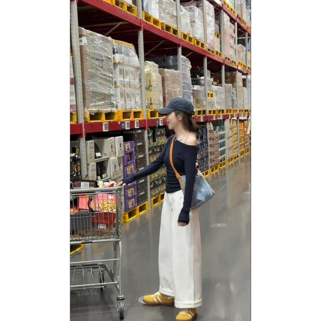 辣妹风露肩斜肩一字肩长袖t恤女春夏季网红洋气炸街阔腿裤套装