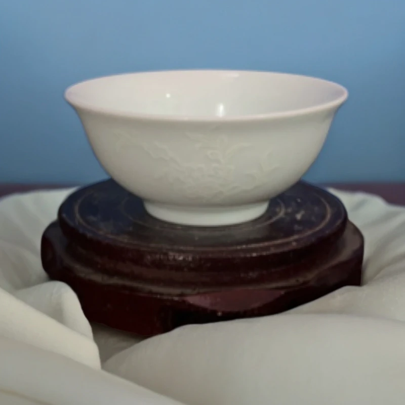 景德镇陶瓷影青釉堆雕小花4寸小茶碗 花朵