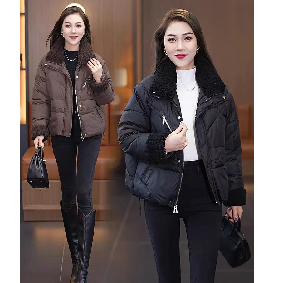 3784冬季加厚翻领短款显瘦抽绳面包服外套潮