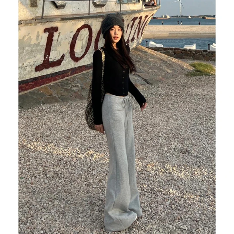 175高个子加长灰色低腰美式运动微喇叭裤女秋冬显瘦垂感休闲卫裤