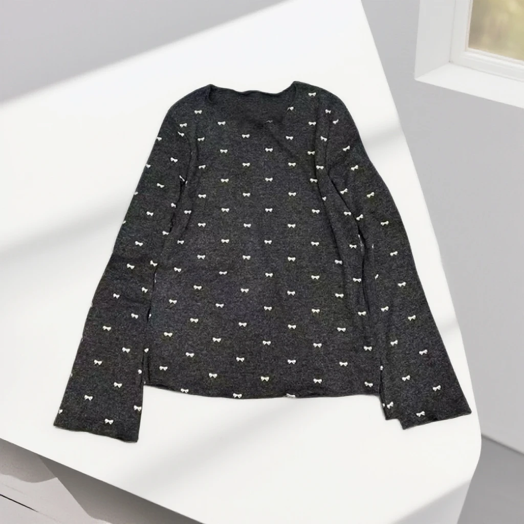 秋冬长袖女波点木耳领木耳边纯色T恤网红黑色时尚气质满印印花