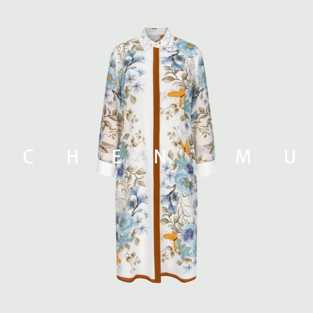 【宸慕服饰】优雅花卉蝴蝶花设计桑蚕丝连衣裙25035