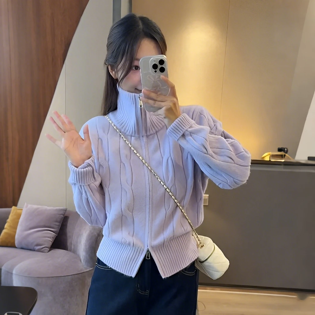 2024秋冬纯色高领开衫毛衣女针织短款上衣女显瘦麻花加厚外套X698