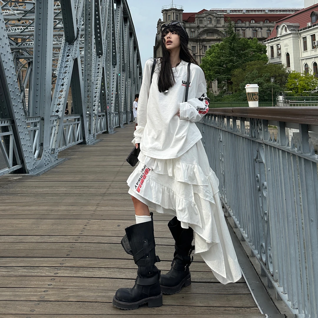 美式复古白色长袖T恤女秋季2025新款oversize慵懒风宽松显瘦上衣