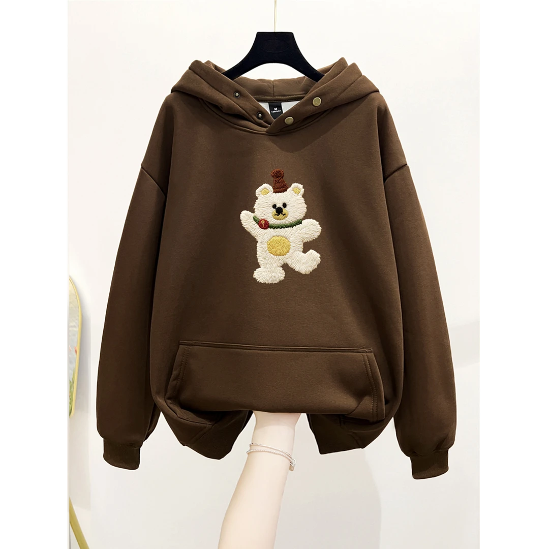 美式复古纽扣连帽卫衣宽松慵懒风秋冬加绒加厚设计感印花情侣外套