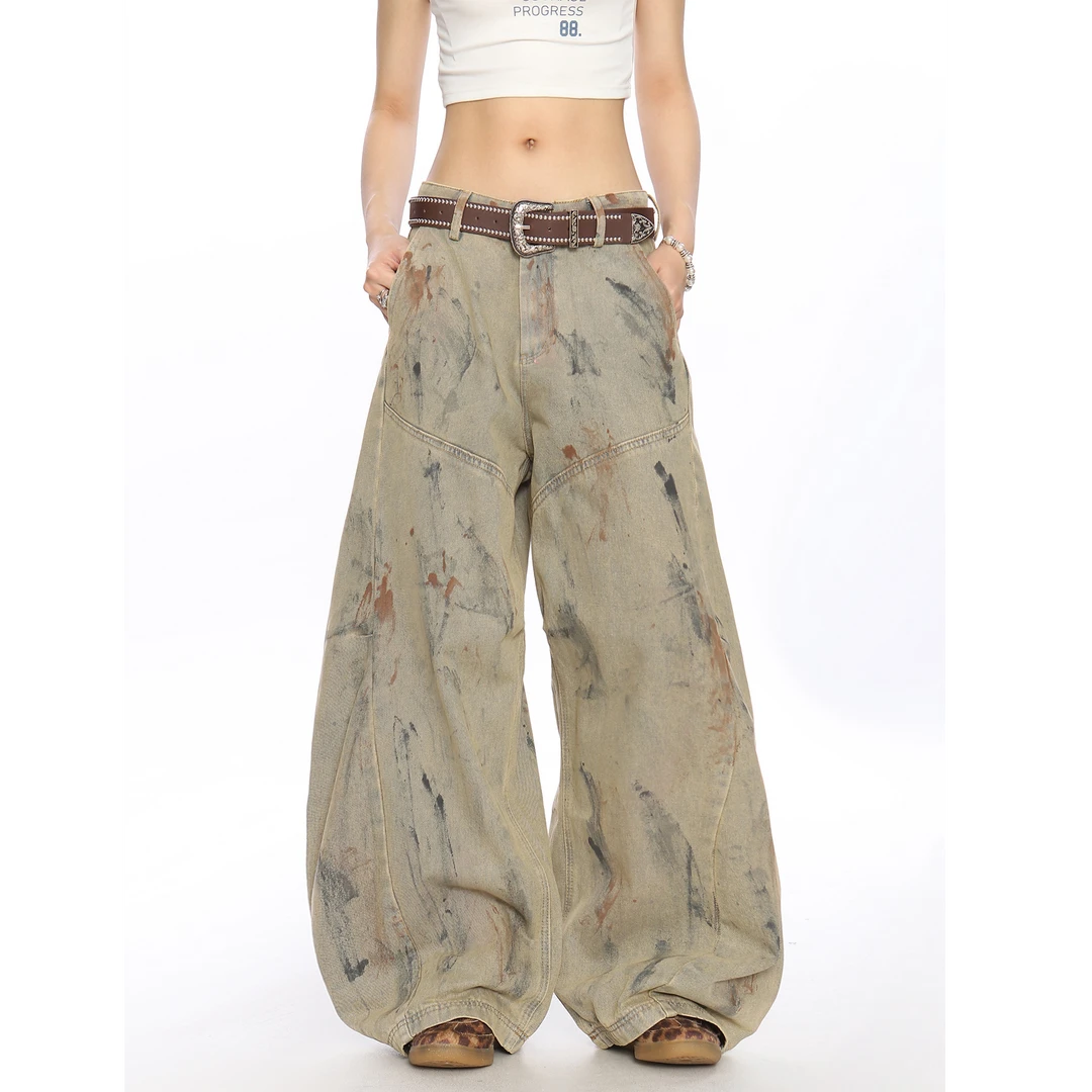 黄泥扎染撞色涂鸦设计感阔腿弯刀牛仔裤女早秋新款宽松慵懒感裤子