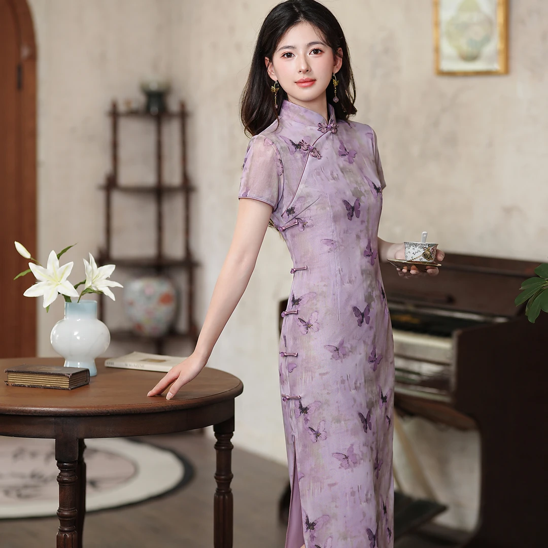 【风清余】2025春款新出炉瑞士网纱新中式改良版蝴蝶紫色气质旗袍