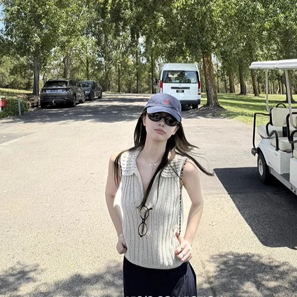T1669 复古编织 镂空方领亚麻棉针织背心t恤女夏季薄款