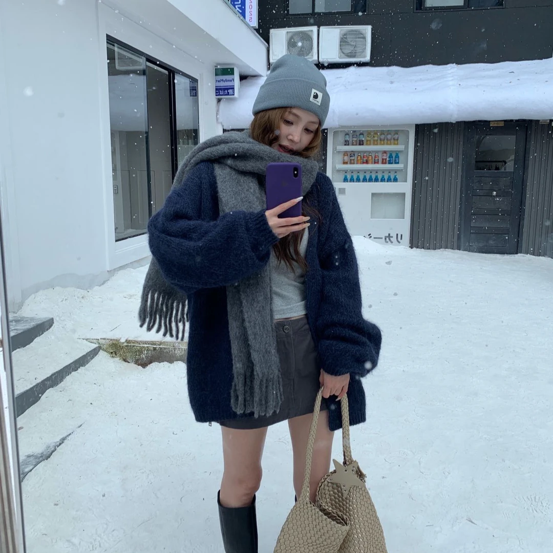 秋冬新款时尚穿搭一整套韩系慵懒风长袖毛衣中长款针织开衫+半裙
