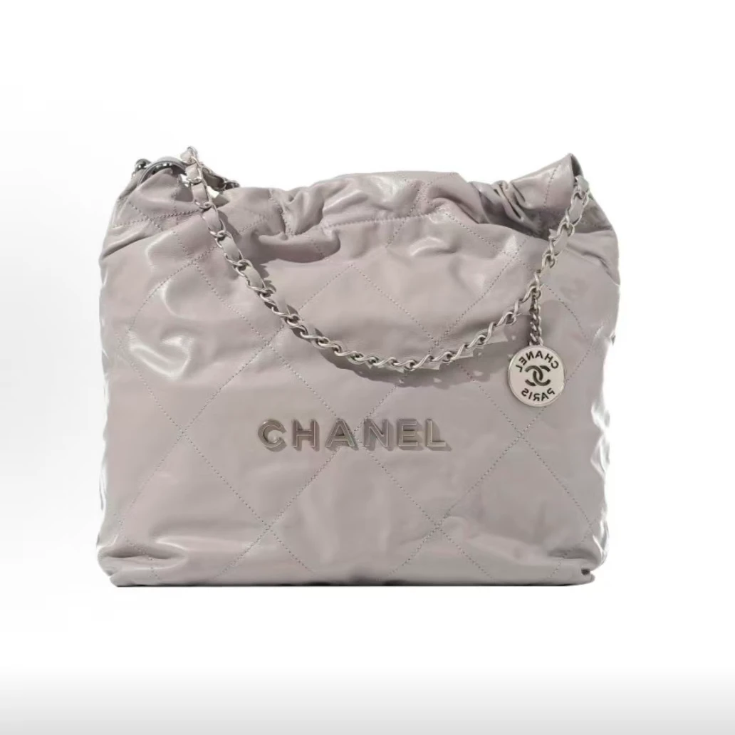 99新 Chanel/香奈儿 22bag中号灰色银扣油蜡牛皮tote