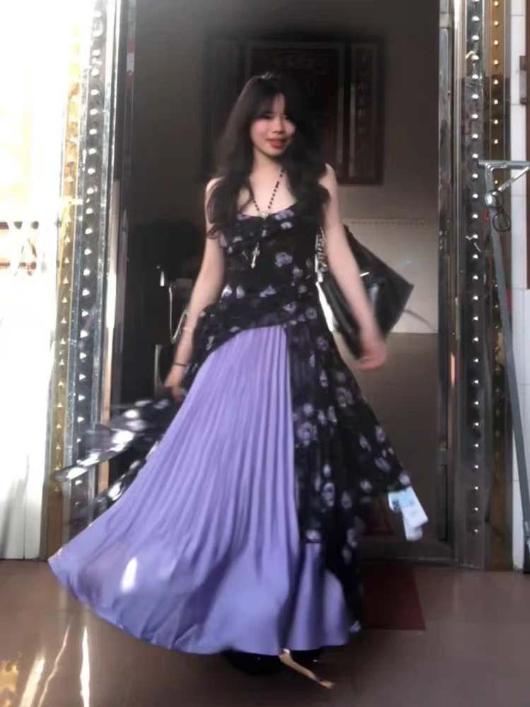 大码辣妹新款不规则开叉吊带碎花连衣裙百褶中长款套装6392/6330