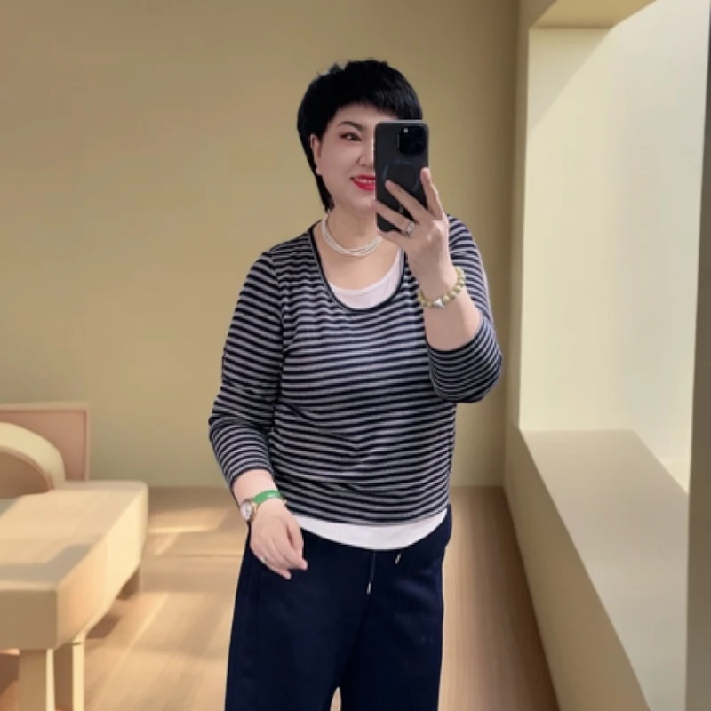 3880春款两色条纹假两件衫圆领百搭/DU