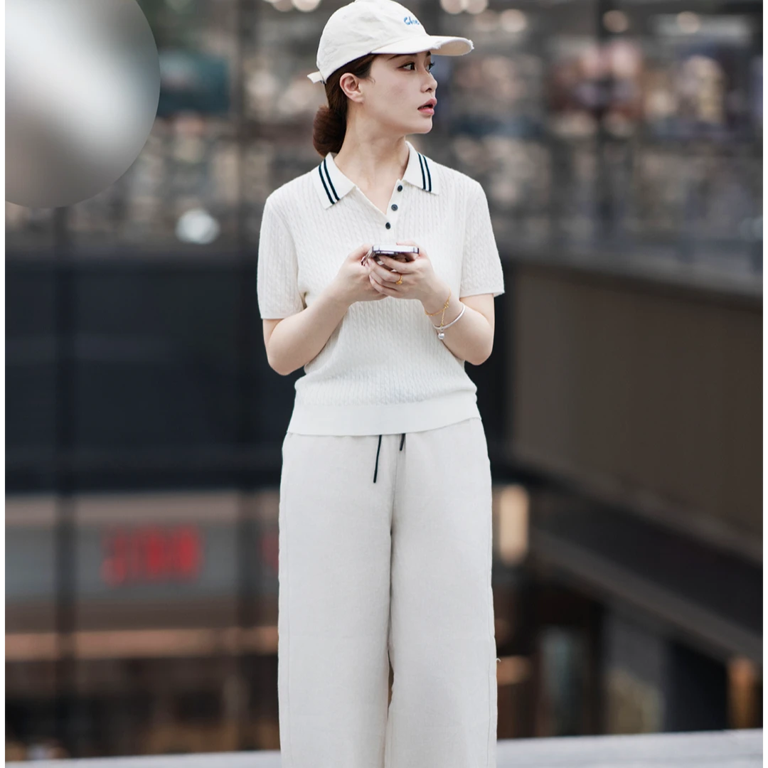 HAPPY SUE术 2025新款秋经典POLO领羊毛混纺白色短袖针织衫女