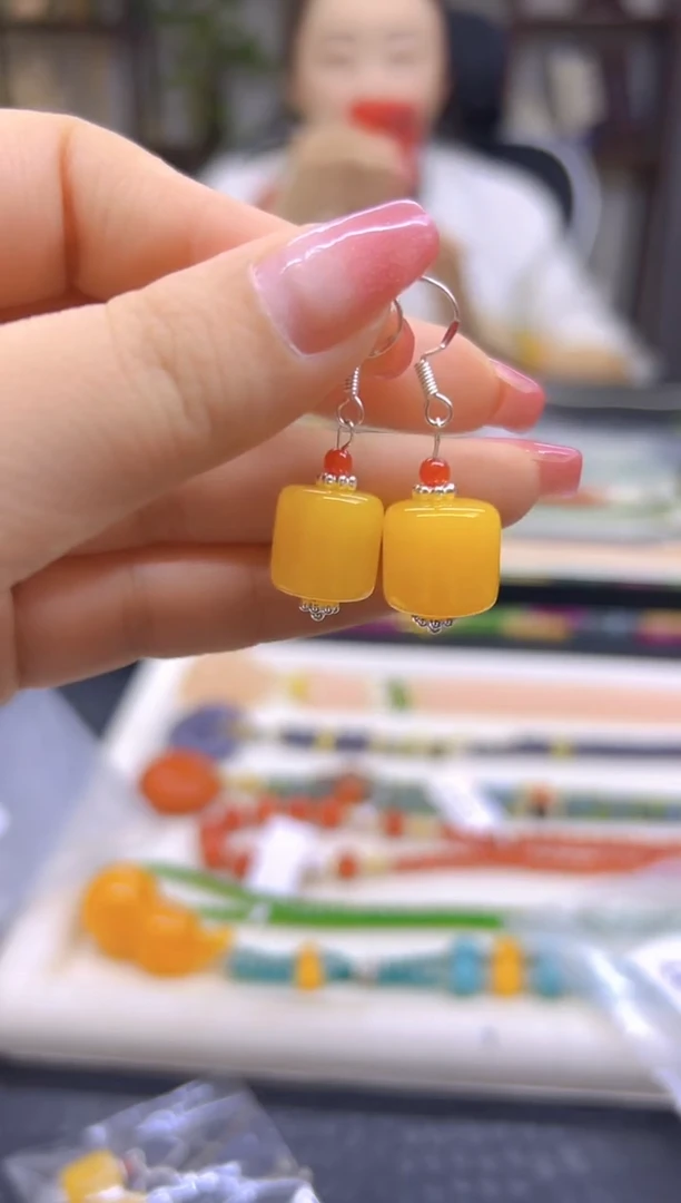 蜜蜡银S925镶嵌耳饰DIY款E897