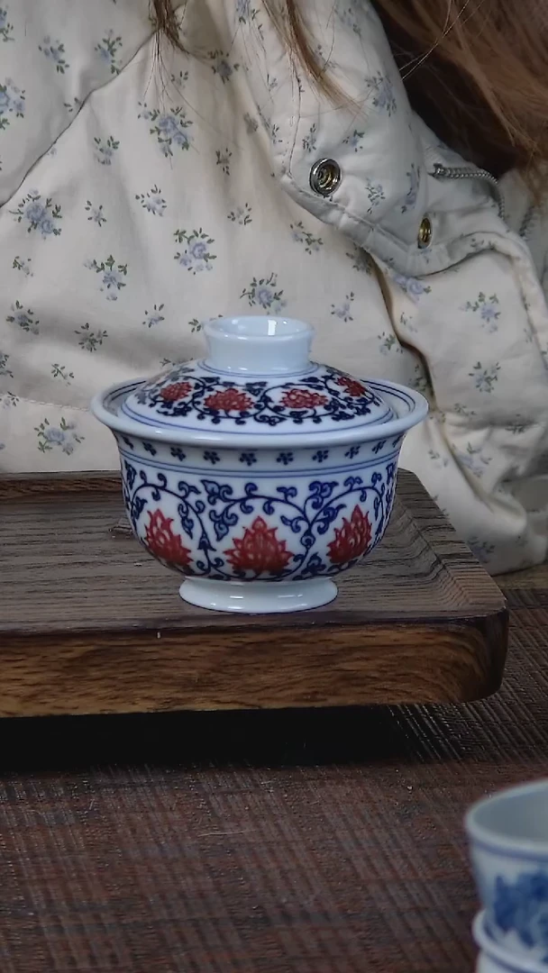 【闪购商品】折葵非器手工手绘青花釉里红缠枝盖碗