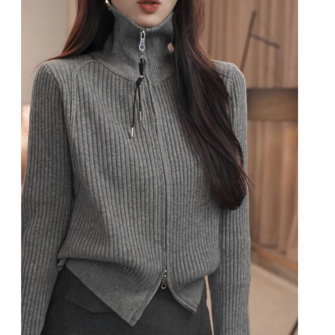 韩式休闲风拉链长袖减龄设计感针织开衫冬季新款时尚百搭纯色毛衣