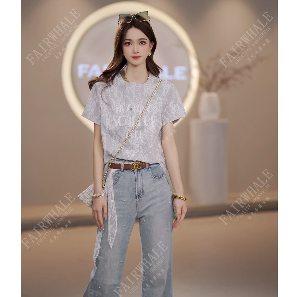 马克华菲女装夏季新品针织蕾丝拼接舒适亲肤T恤设计感圆领小个子