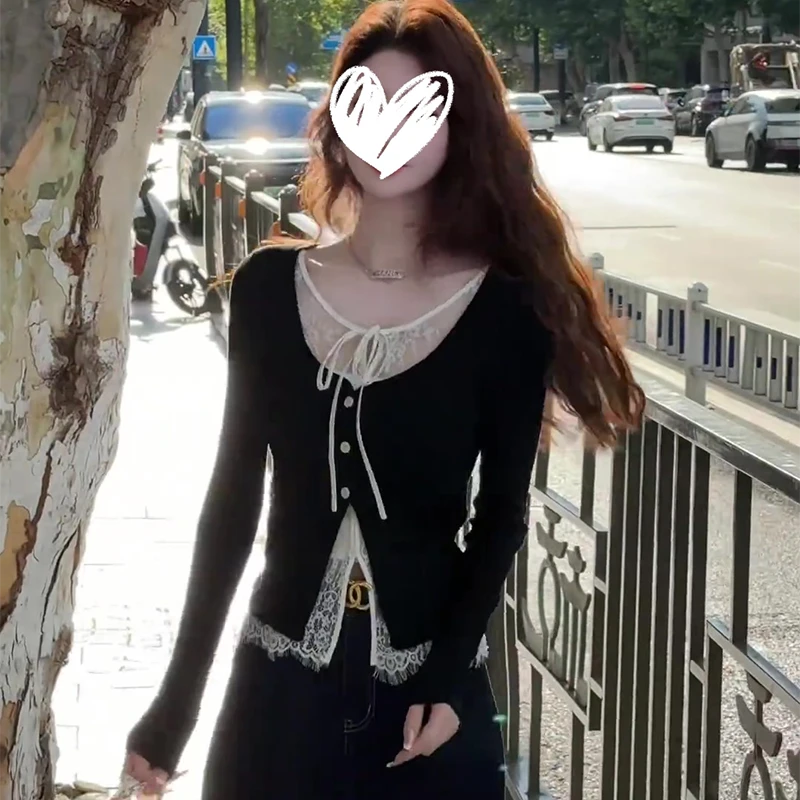 秋季黑色辣妹风蕾丝假两件系带T恤时尚洋气减龄小众百搭女上衣潮