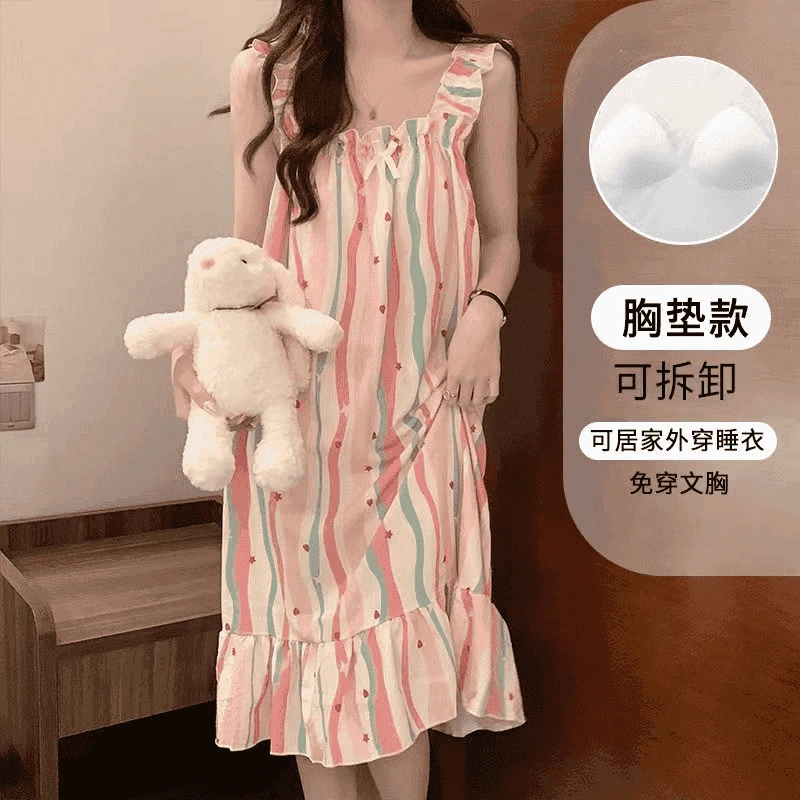 带胸垫2025新款夏季卡通图案吊带睡裙女甜美可爱可外穿家居服