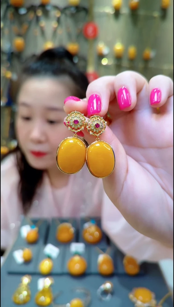 银S925镀金镶嵌蜜蜡耳饰﹣E487蜜蜡耳坠