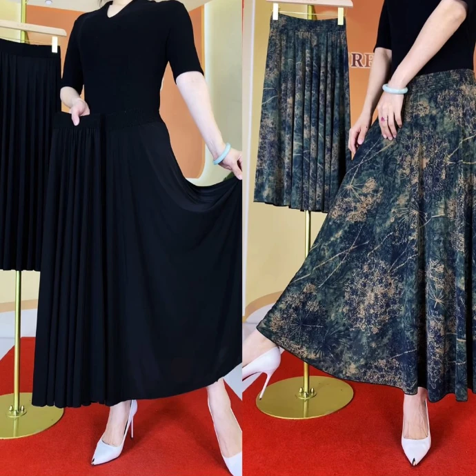 夏季薄款高腰时尚垂感冰丝半身裙松紧腰妈妈装显瘦百搭大摆裙时尚