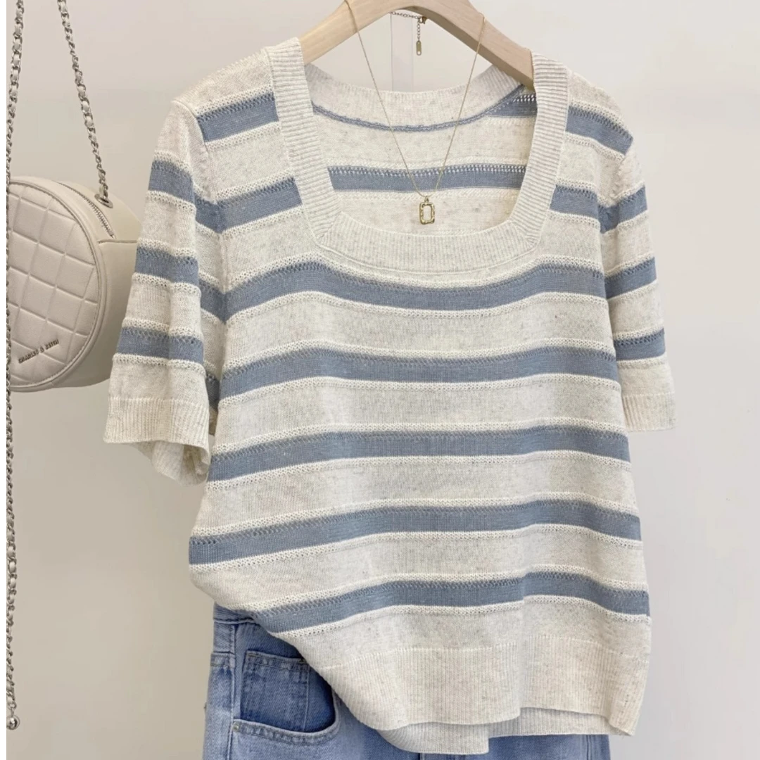 大码胖mm冰丝短袖条纹t恤女设计感正肩方领针织衫打底衫上衣女