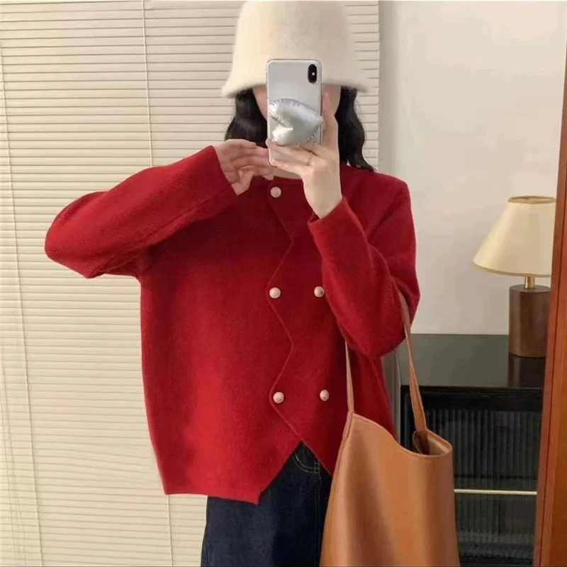 12959（窗）红色蕾丝拼接针织上衣复古毛衣针织衫