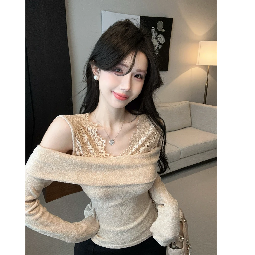 纯欲性感露肩高级感蕾丝拼接假两件细闪修身上衣百搭黑色半身裙