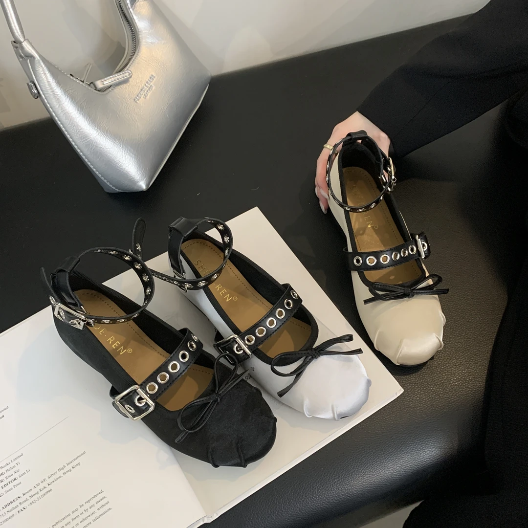 法式芭蕾舞鞋内增高鞋蝴蝶结浅口单鞋女一字带黑色玛丽珍鞋