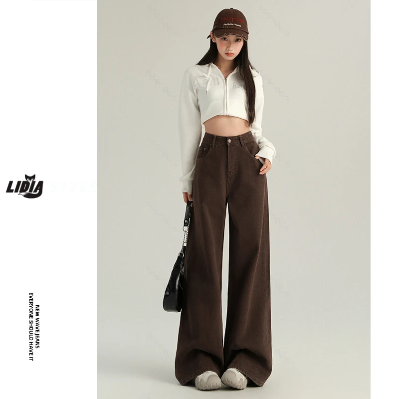 高级感咖色阔腿牛仔裤女秋冬潮流新款美拉德高腰显瘦宽松直筒裤子