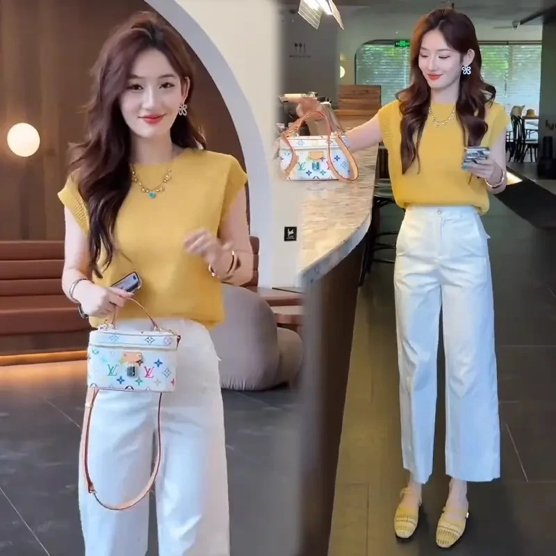 洋气时尚套装女2025夏季新款时髦冰丝针织上衣直筒阔腿裤两件套潮