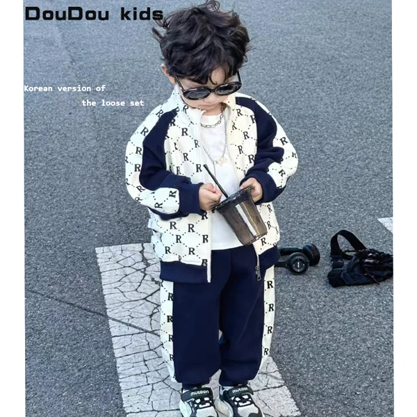 儿童秋季满印外套+长裤男女宝同款宽松休闲韩版套装