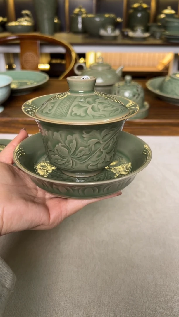 陶瓷耀州窑纯手工牡丹纹马蹄三才盖碗特价10号
