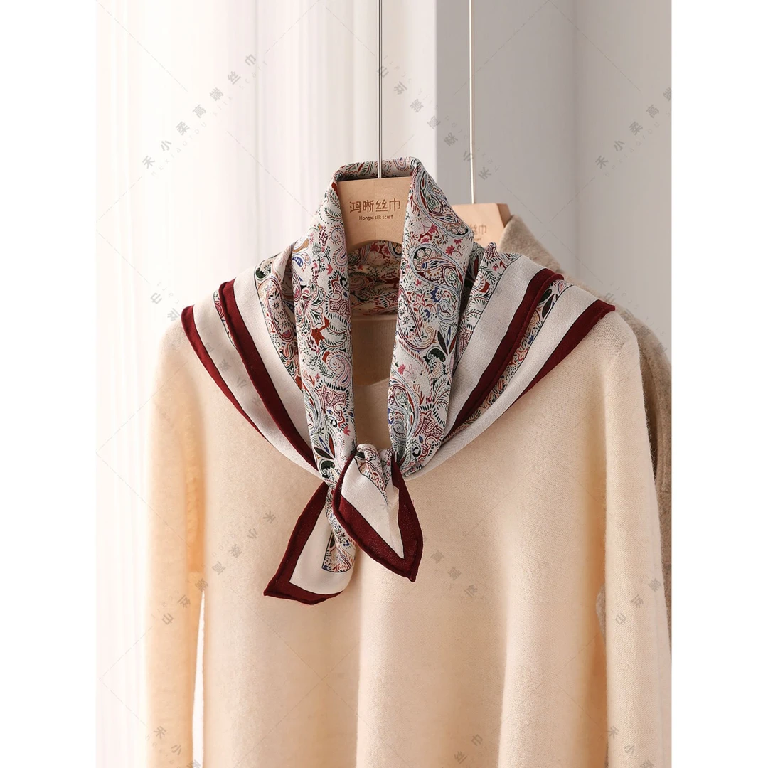 真丝羊毛双面粉黛腰果60方巾女士丝巾围巾防晒时尚披肩外搭B475