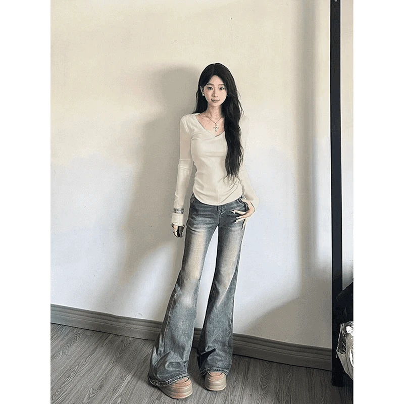 纯欲风辣妹收腰V领长袖t恤女2025新款秋冬内搭打底衫修身显瘦上衣