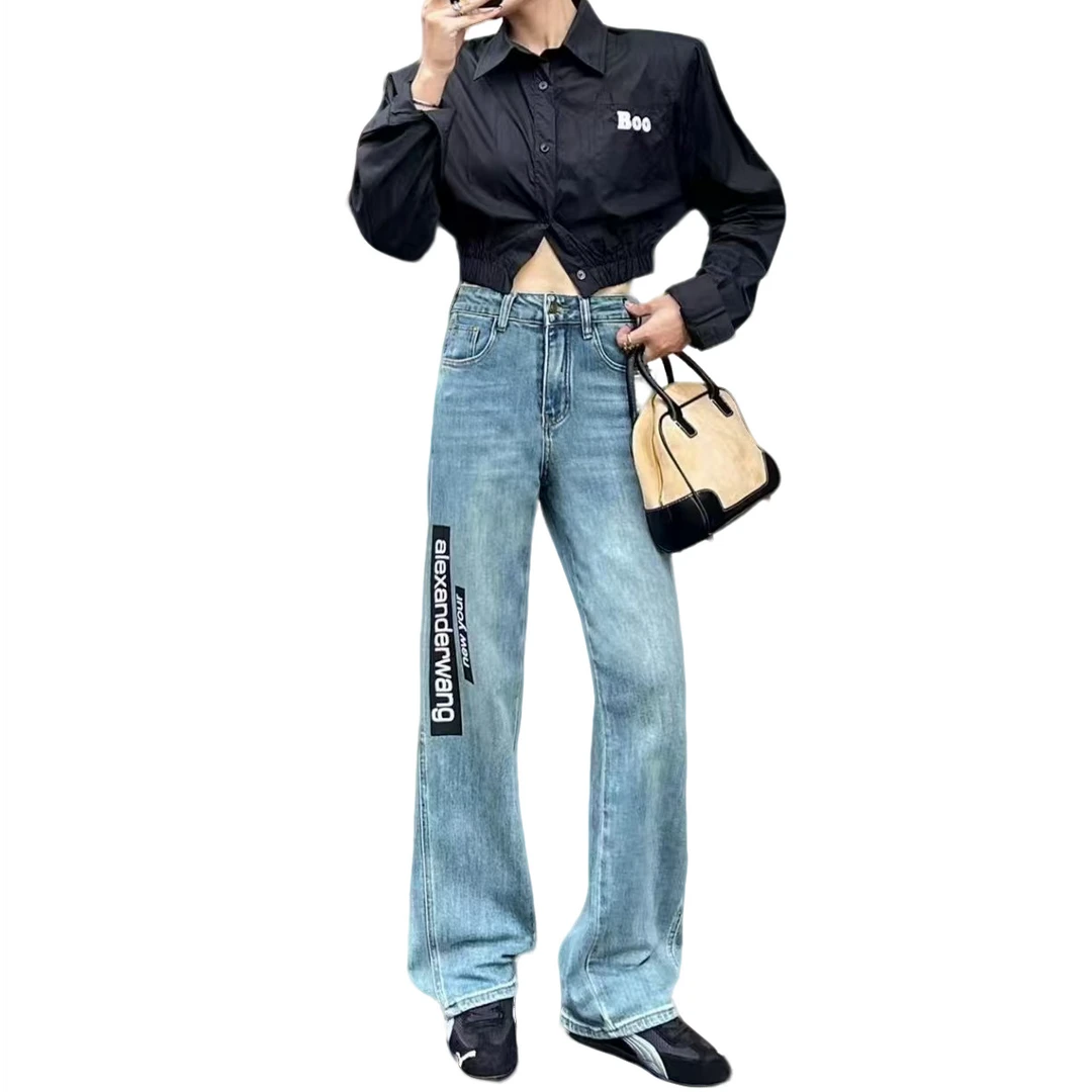 英文贴花窄版直筒阔腿牛仔裤18631