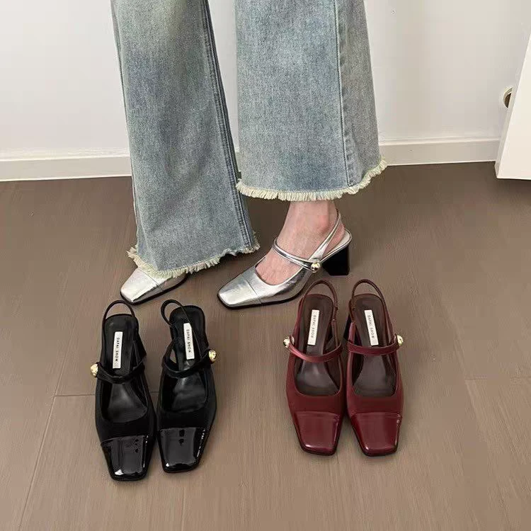 法式气质红色单鞋女夏季2025新款高跟后空绊带凉鞋子玛丽珍晚晚鞋