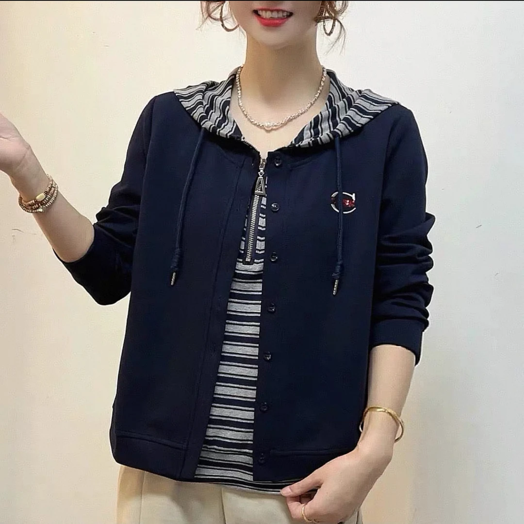 秋季新款时尚连帽假两件设计感印花洋气百搭长袖卫衣百搭常规款